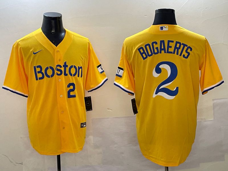 Men Boston Red Sox 2 Bogaerts Yellow City Edition Game 2025 Nike MLB Jersey style 4
